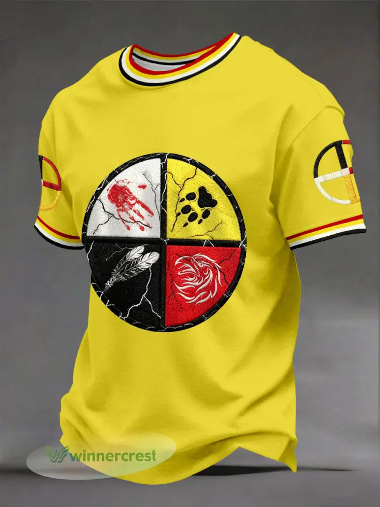 Men’s Indigenous Medicine Wheel T-Shirts - Yellow / S