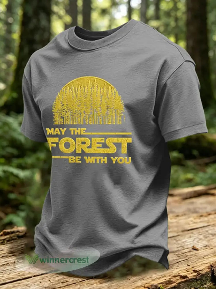 Men’s May The Forest Be With You Print T-Shirt - Gray / S