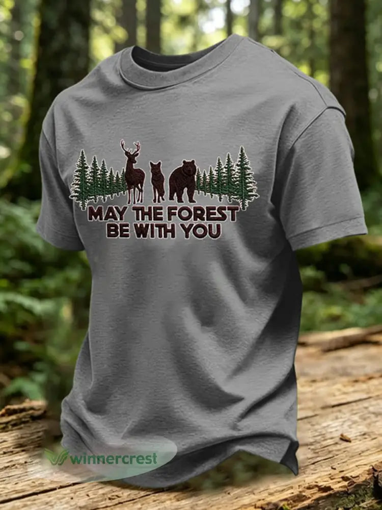 Men’s May The Forest Be With You Print T-Shirt - Gray / S