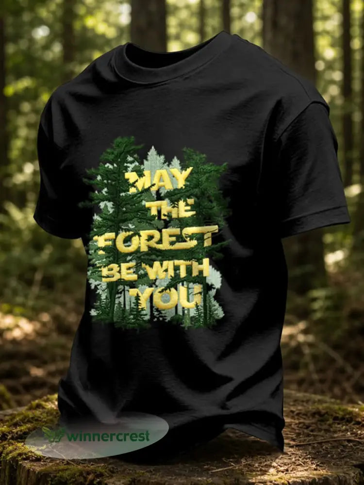Men’s May The Forest Be With You Printed Casual T-Shirt - Black / S