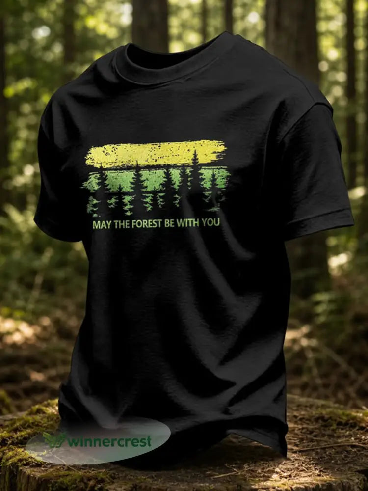 Men’s May The Forest Be With You Printed Casual T-Shirt - Black / S