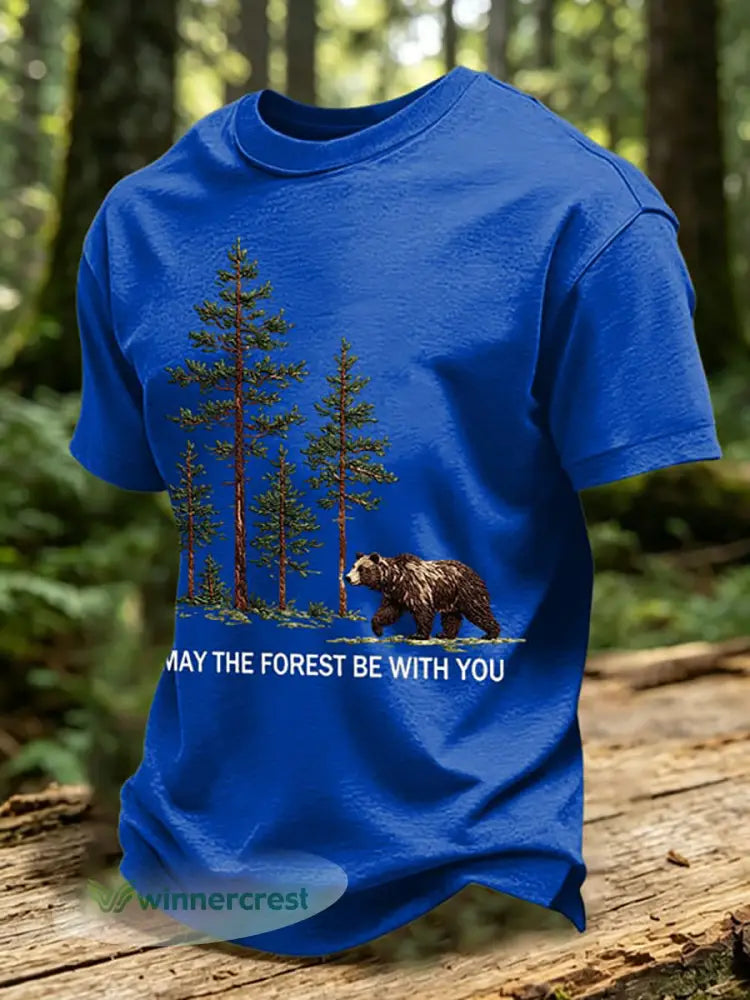 Men’s May The Forest Be With You Printed Casual T-Shirt - Blue / S