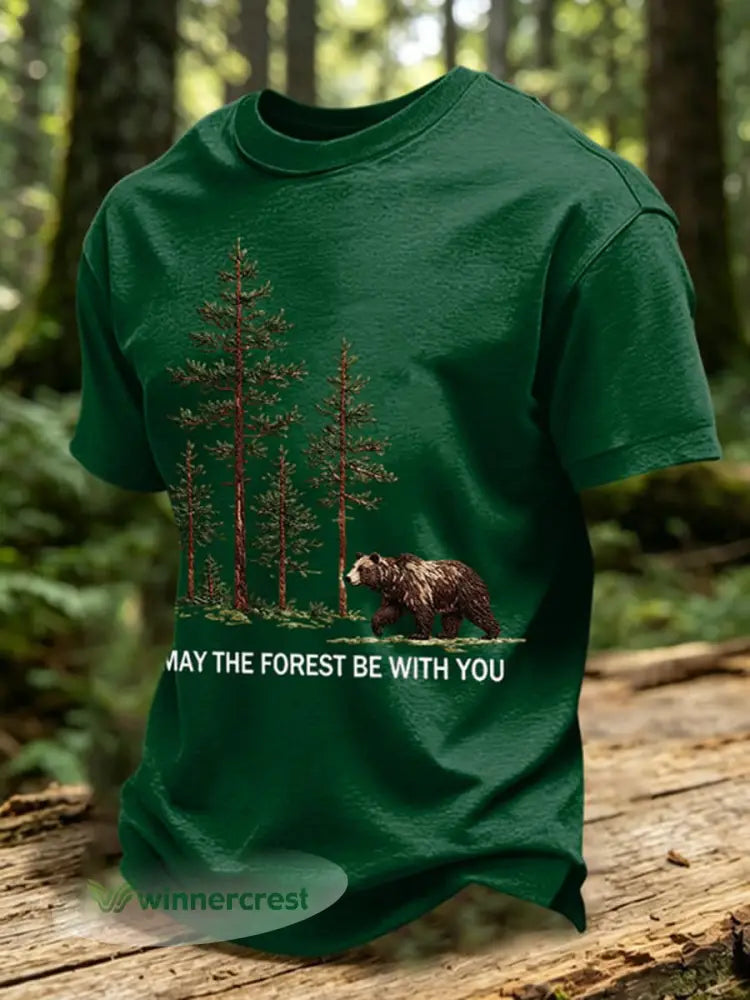 Men’s May The Forest Be With You Printed Casual T-Shirt - Dark Green / S