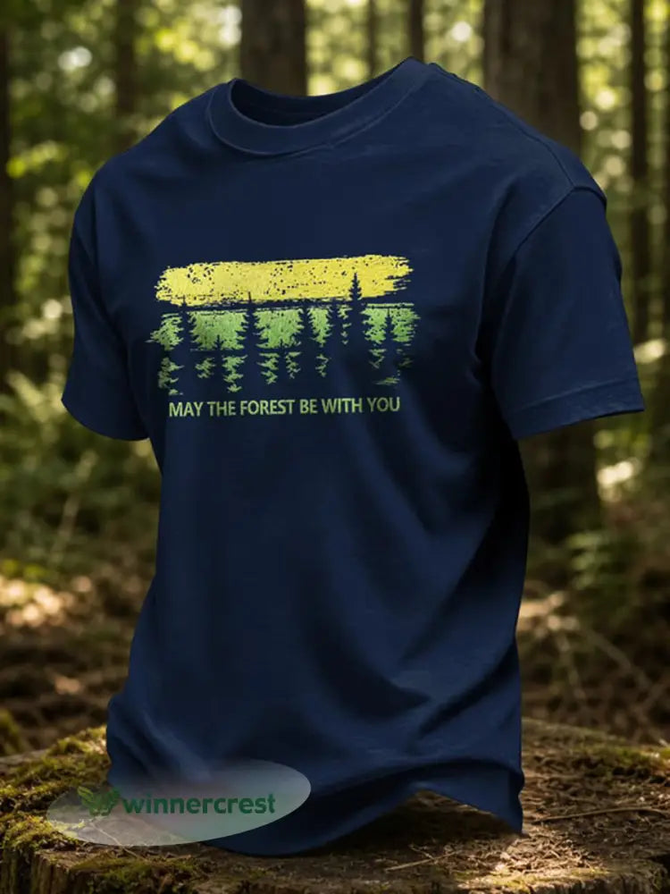 Men’s May The Forest Be With You Printed Casual T-Shirt - Navy Blue / S