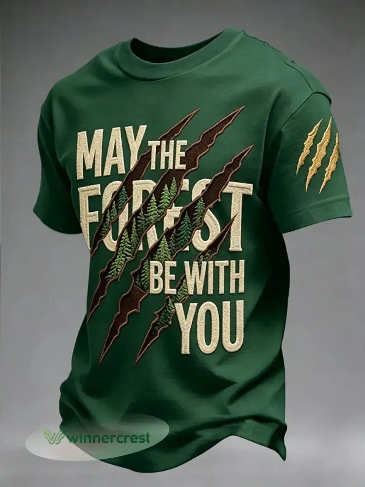 Men’s May The Forest Be With You Printed T-Shirt - Dark Green / S