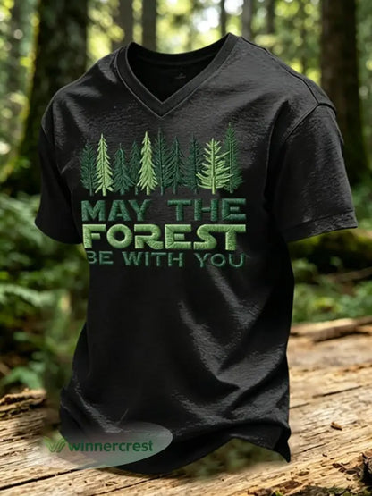 Men’s May The Forest Be With You Printed V-neck T-shirt - Black / S