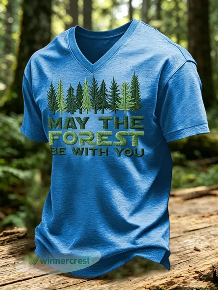 Men’s May The Forest Be With You Printed V-neck T-shirt - Blue / S