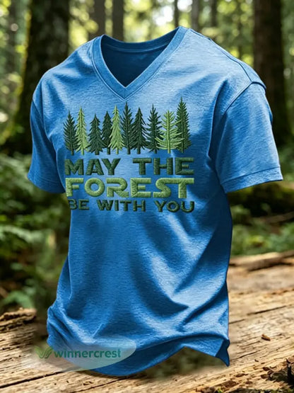 Men’s May The Forest Be With You Printed V-neck T-shirt - Blue / S