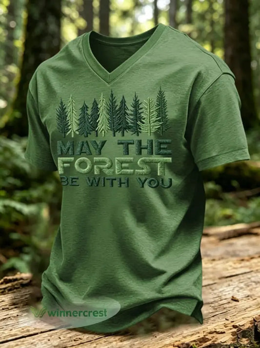 Men’s May The Forest Be With You Printed V-neck T-shirt - Green / S