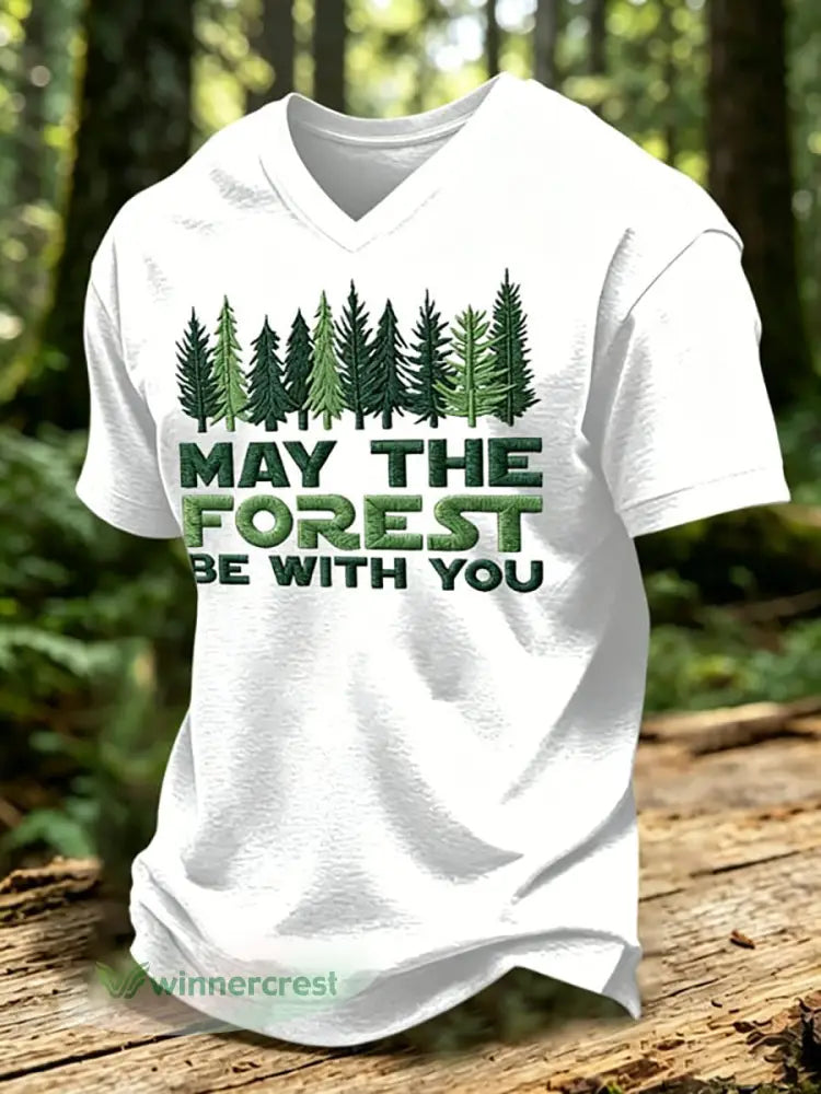 Men’s May The Forest Be With You Printed V-neck T-shirt - White / S