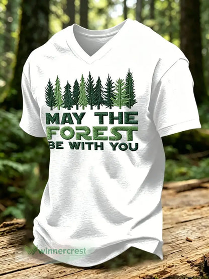 Men’s May The Forest Be With You Printed V-neck T-shirt - White / S