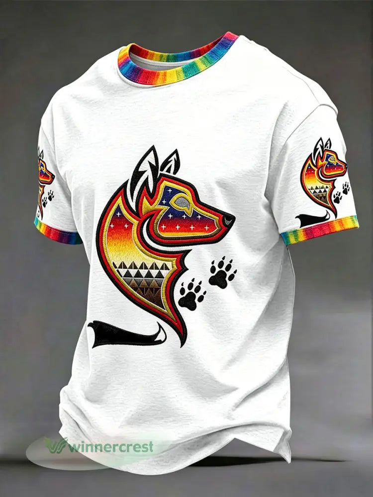 Men’s Native Wolf Art Print T-Shirts - White / S
