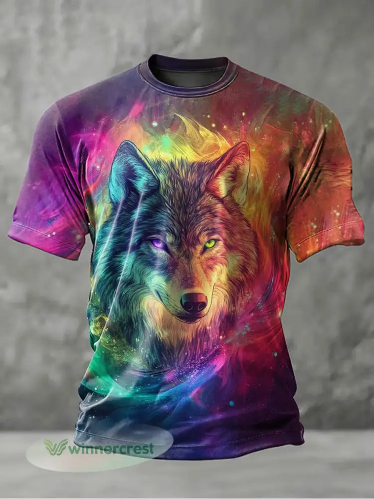 Men’s Rainbow Wolf Art Print Casual T-Shirt - As picture / S