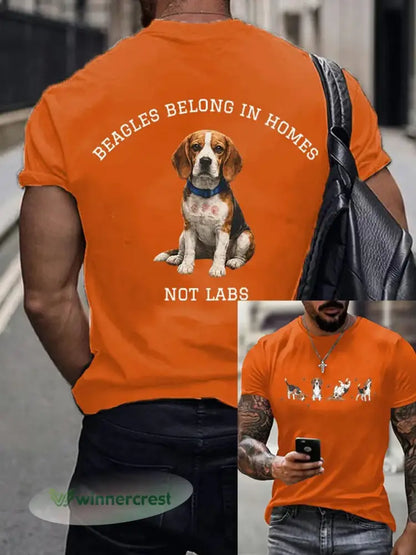 Men’s Save The Beagles Print Round Neck T-shirt - Orange / S