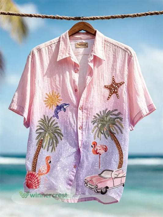 Men’s Vacation Beach Elements Gradient Glitter Print Short Sleeve Shirt - Pink / S