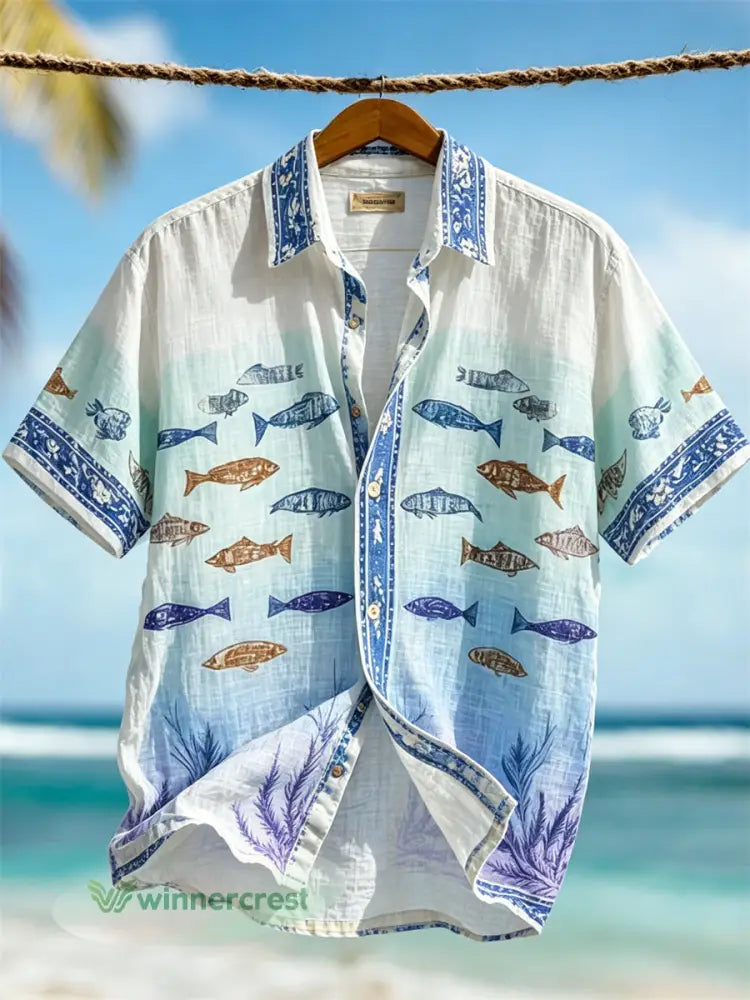 Men’s Vacation Beach Fish Underwater Gradient Print Short Sleeve Shirt - White / S