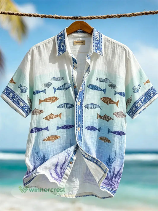 Men’s Vacation Beach Fish Underwater Gradient Print Short Sleeve Shirt - White / S
