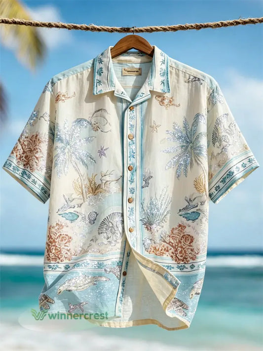 Men’s Vacation Beach Hawaii Style Print Short Sleeve Shirt - Creamy-White / S