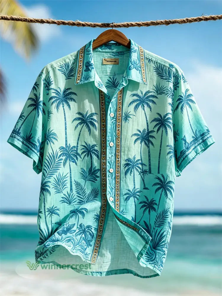 Men’s Vacation Beach Palm Trees Gradient Color Short Sleeve Shirt - Blue-Green / S