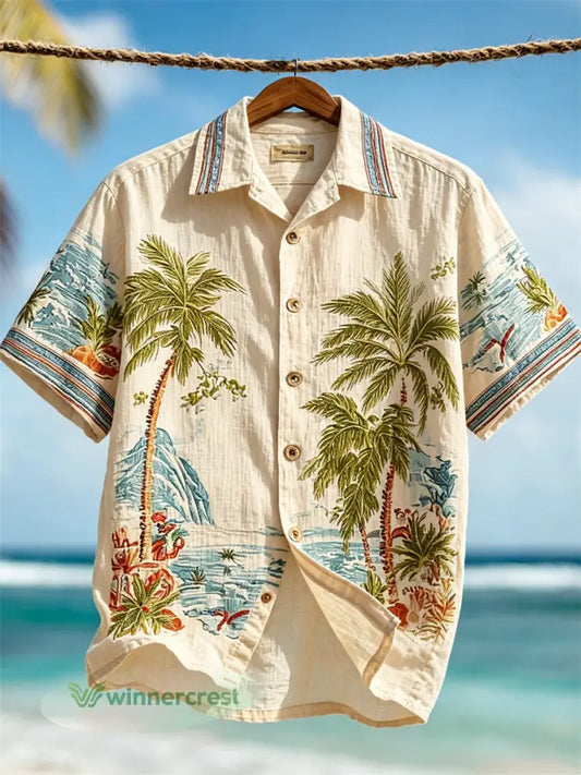 Men’s Vacation Beach Scenery Hawaii Style Print Short Sleeve Shirt - Beige / S