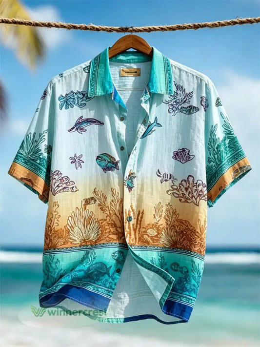 Men’s Vacation Beach Underwater Marine Life Gradient Print Short Sleeve Shirt - Blue-Green / S