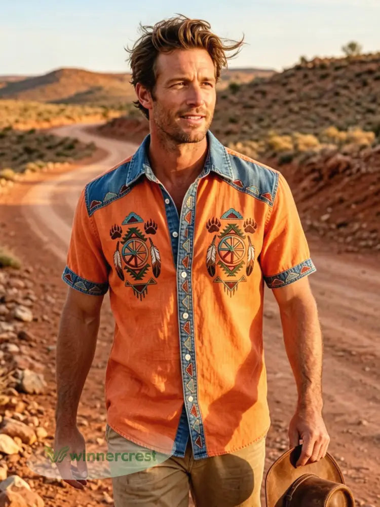Men’s Vintage Native American Bear Paw Totem Art Casual Shirt