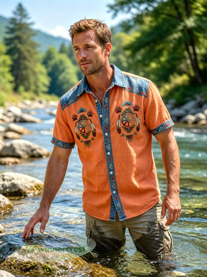 Men’s Vintage Native American Bear Paw Totem Art Casual Shirt