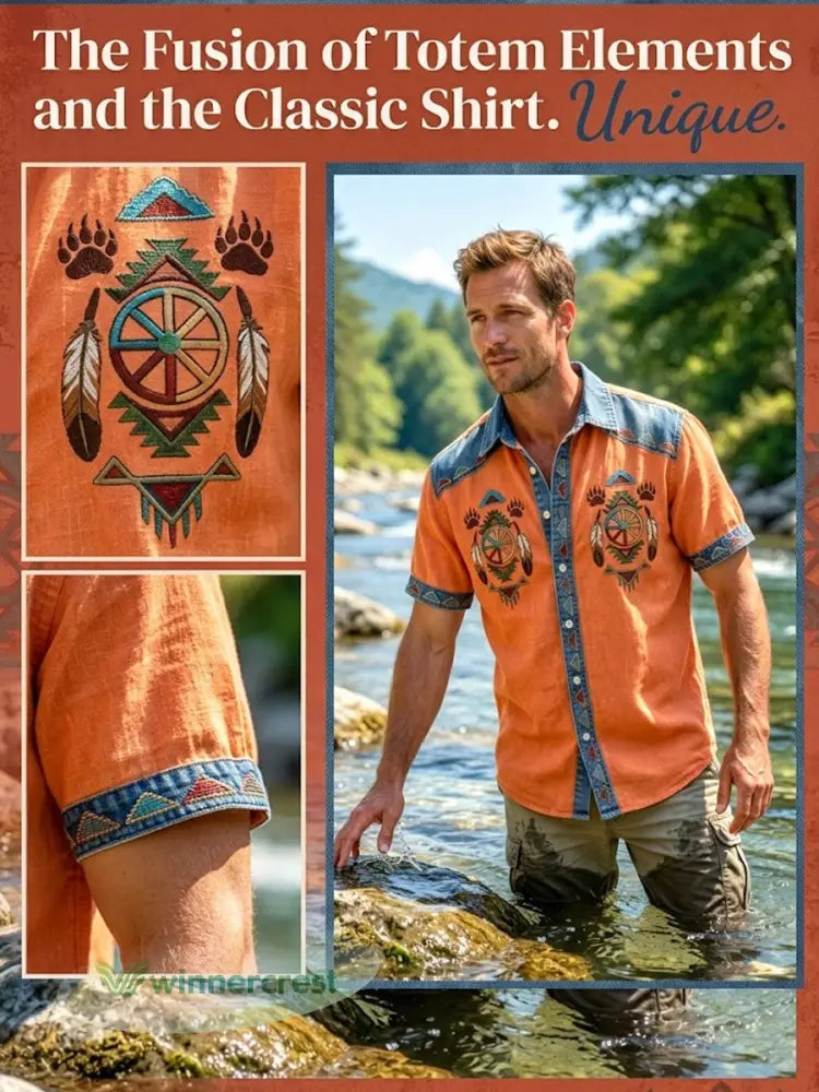 Men’s Vintage Native American Bear Paw Totem Art Casual Shirt