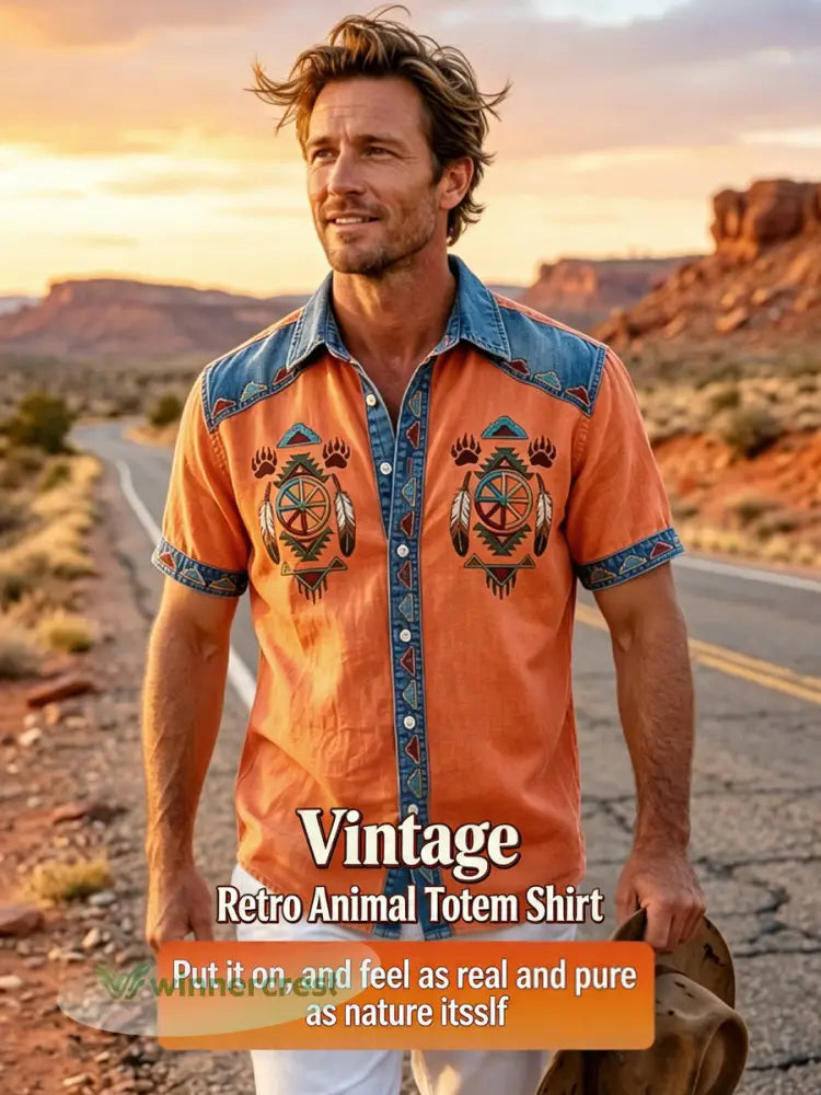 Men’s Vintage Native American Bear Paw Totem Art Casual Shirt - Multicolour / S