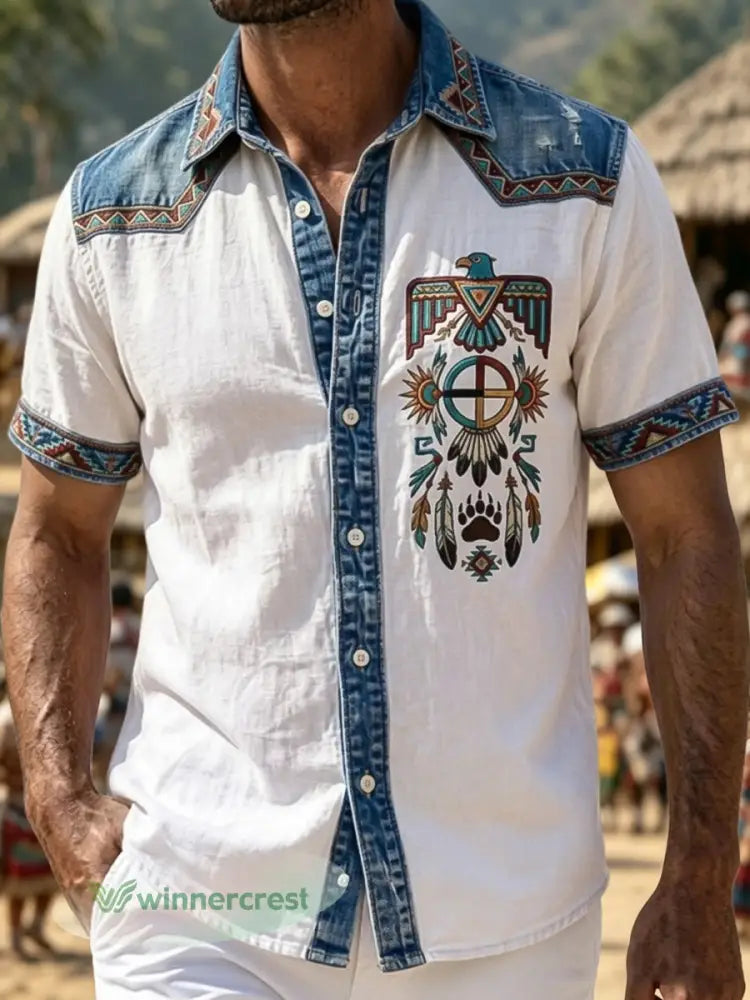 Men’s Vintage Native American Thunderbird Totem Art Casual Shirt - Multicolour / S