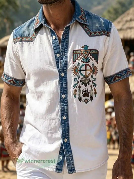 Men’s Vintage Native American Thunderbird Totem Art Casual Shirt - Multicolour / S