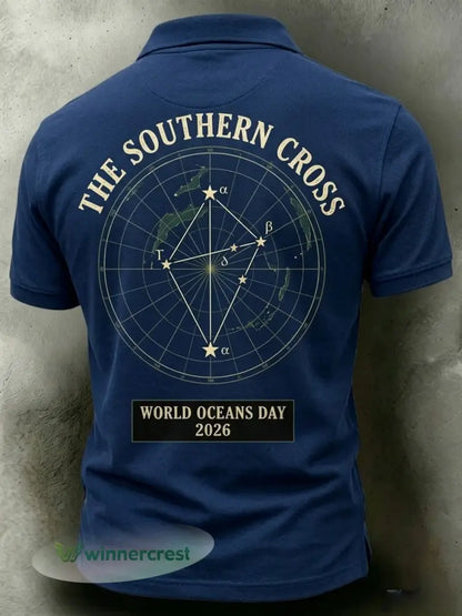Retro Australian World Oceans Day Short-Sleeve Polo Shirt - Deep Blue / S