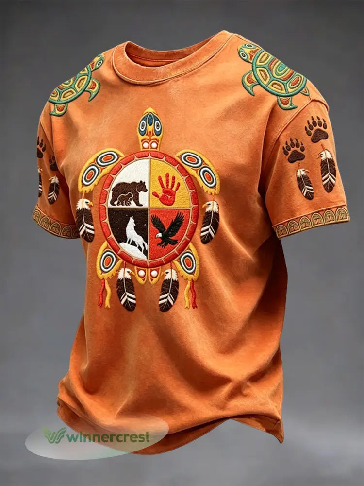Retro Indigenous Animal Totem Casual T-Shirt - Multicolour / S