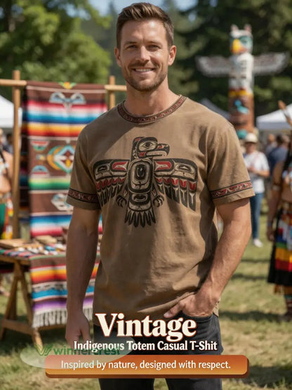 Retro Indigenous Raven Totem Casual T-Shirt - Multicolour / S