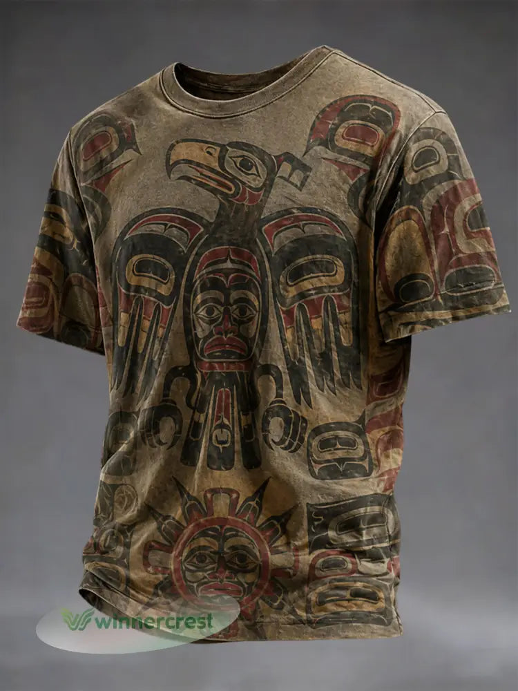 Retro Indigenous Totem Casual T-Shirt - Multicolour / S