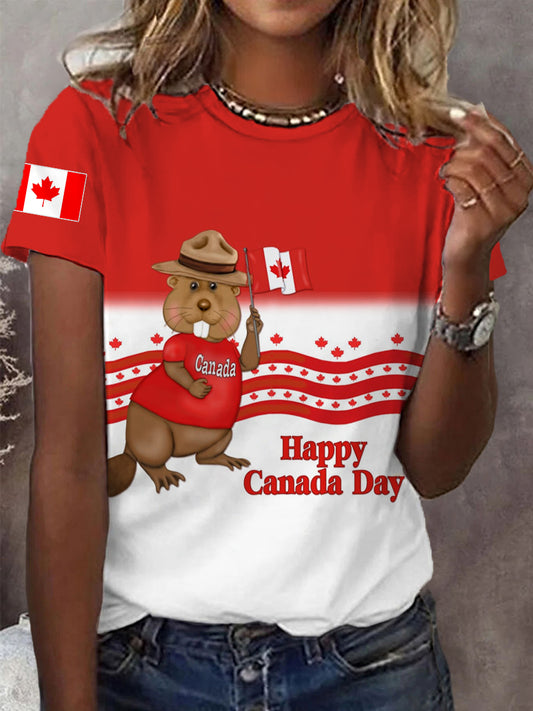 Women's Happy Canada Day Canadian Flag Maple Leaf  Beaver Print Casual Tee