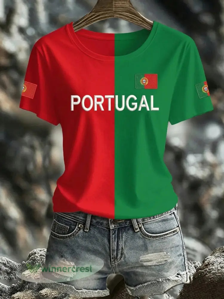 Tops femininos com estampas artísticas de elementos de torcida para o Portugal Football Match - A / S