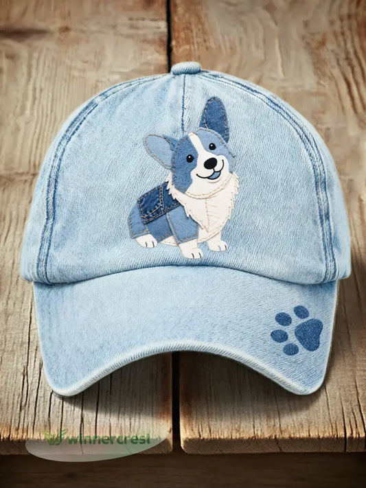 Unisex Denim Patchwork Art Corgi Dog Pattern Washed Hat - Light Blue / ONE