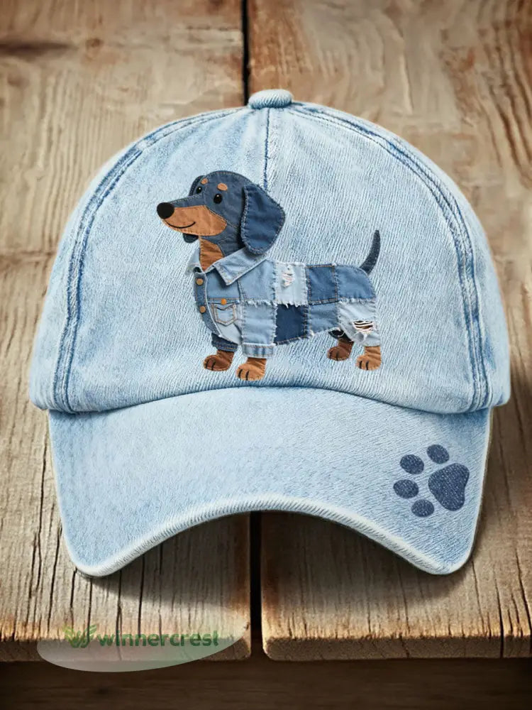 Unisex Denim Patchwork Dachshund Pattern Hat - Blue / ONE