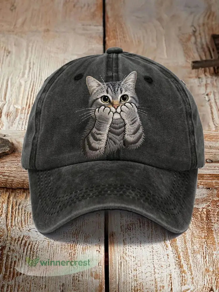Unisex Lovely Cat Embroidered Hat - Black / ONE