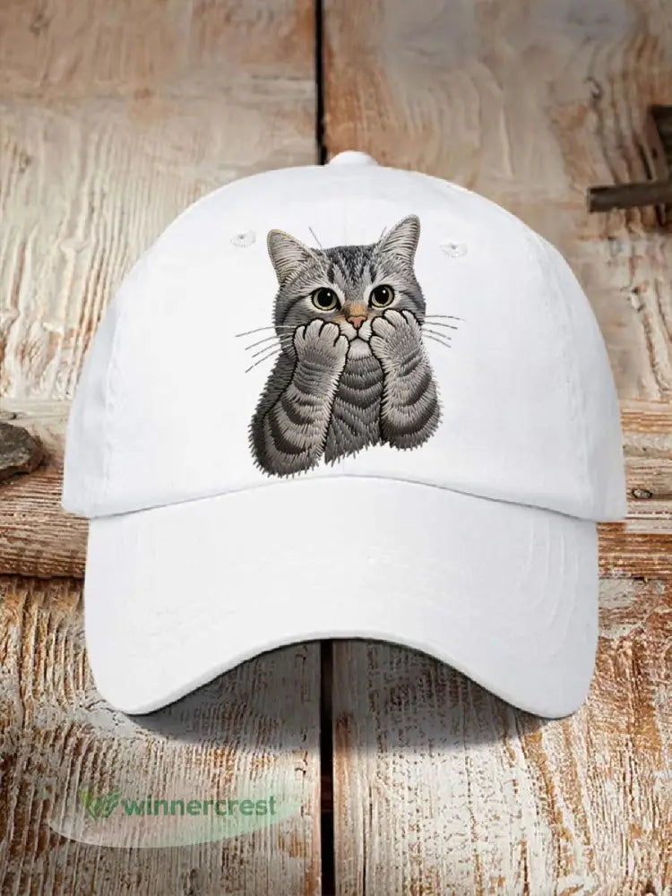 Unisex Lovely Cat Embroidered Hat - White / ONE