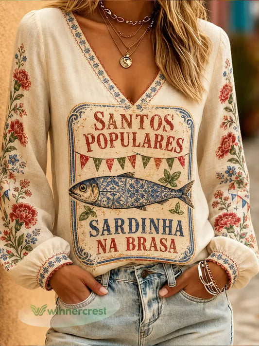 Women Santos Populares Sardinha Arte Impresso Tops de Linho - Damasco / S