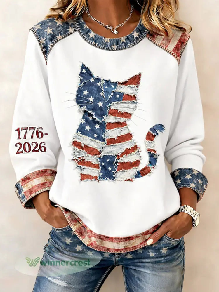 Women’s American Flag Cat Print Sweatshirts - White / S