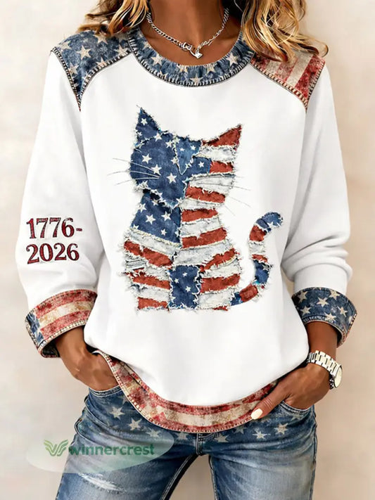 Women’s American Flag Cat Print Sweatshirts - White / S