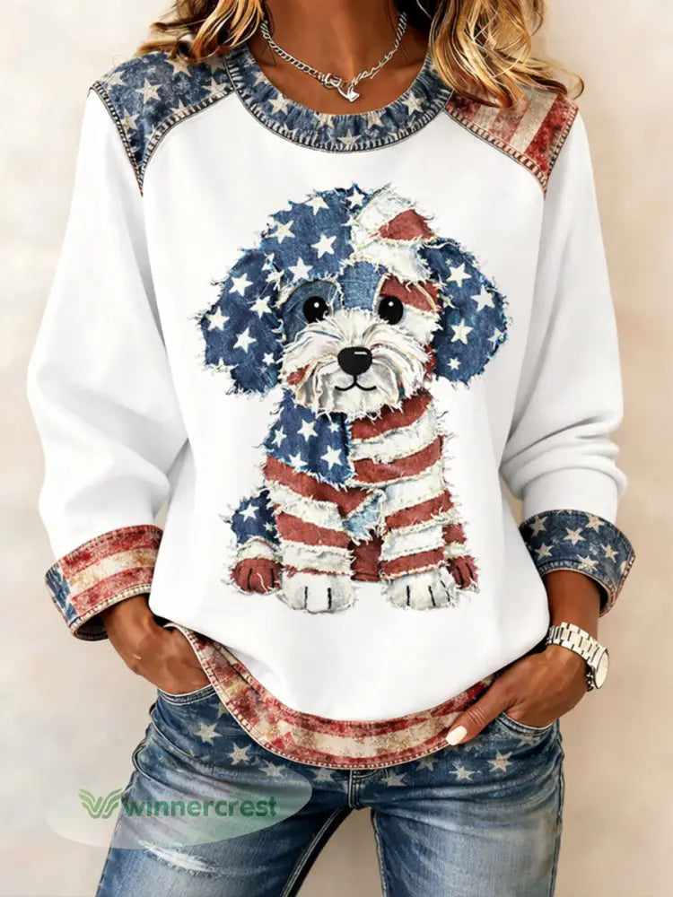 Women’s American Flag Dog Sweatshirts - White / S