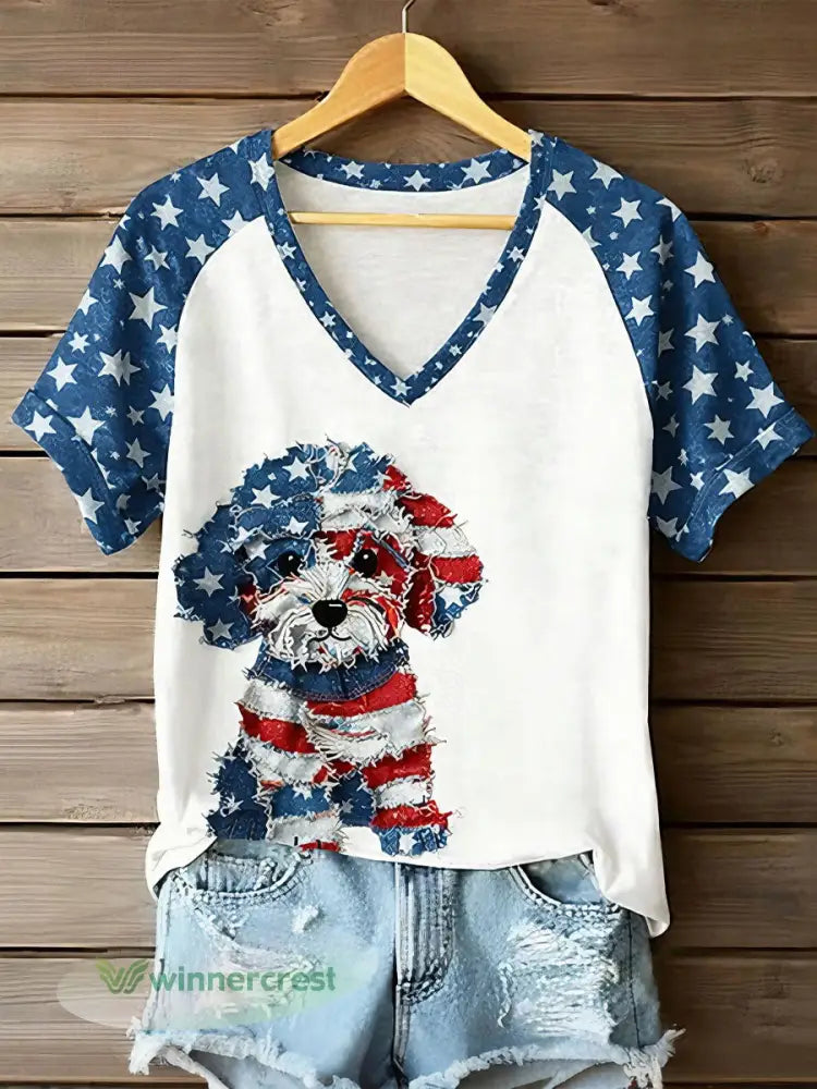 Women’s American Flag Dog V-Neck T-Shirts - White / S