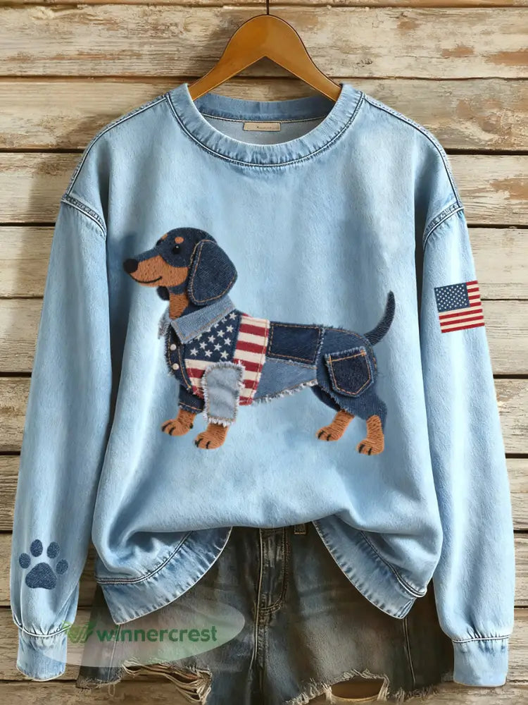 Women’s American Flag Inspired Dachshund Dog Denim Patchwork Pattern Sweatshirt - Blue / S
