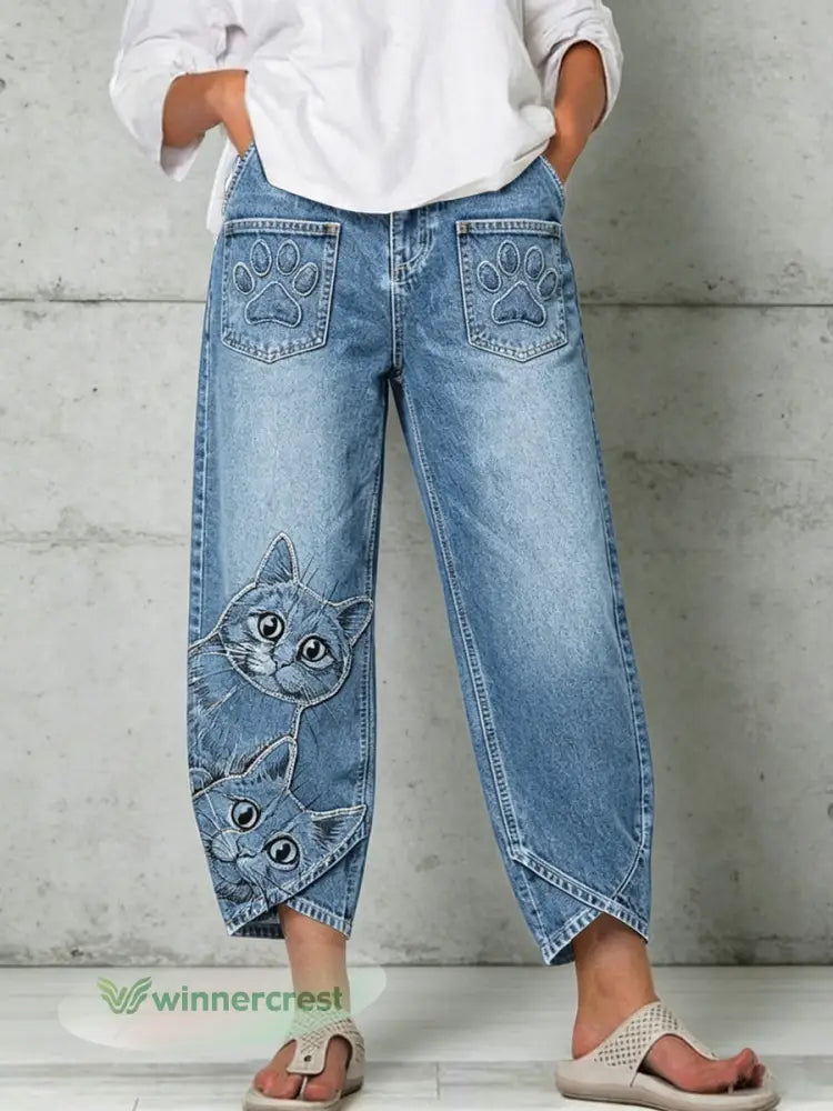 Women’s Animal Art Print Trousers - Blue / S