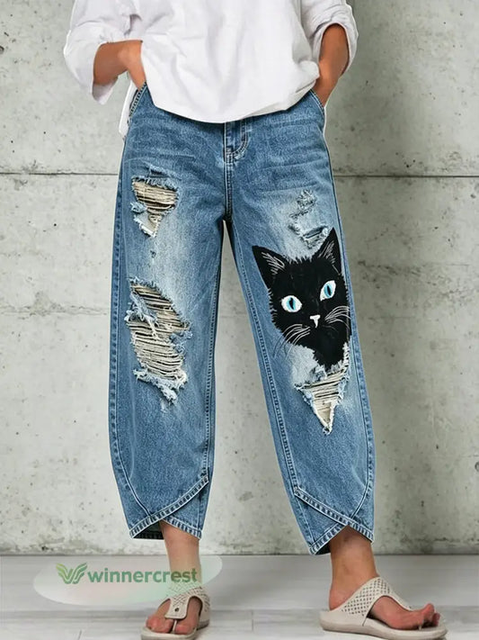Women’s Animal Art Print Trousers - Blue / S