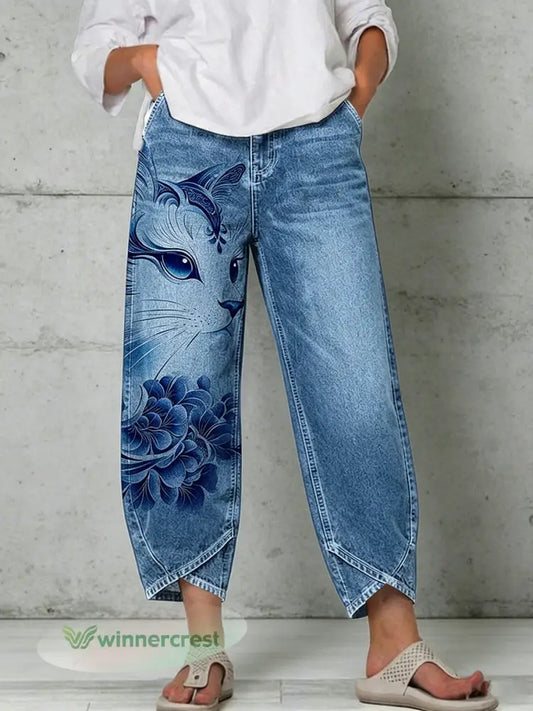 Women’s Animal Art Print Trousers - Blue / S